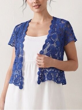 Y2K Say What? Blue Cotton Knit Lace Cropped Cardigan Bolero Size Medium